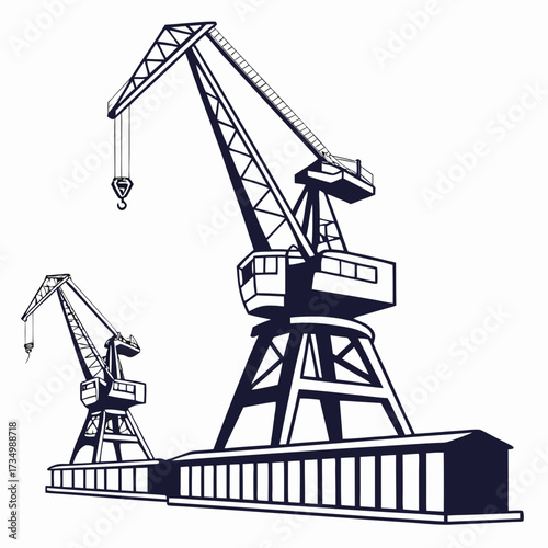 Two dark blue silhouette industrial harbor cranes standing on a dock with a white background