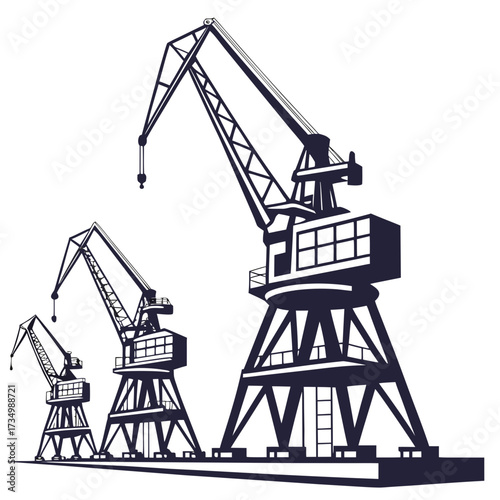 Three industrial harbor cranes silhouetted against a white background in a graphic illustration style