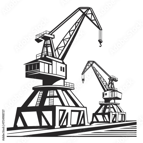 Two industrial harbor cranes with strong geometric shapes and bold black and white contrast against a white background