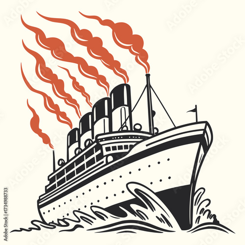 Vintage ocean liner steaming through choppy waves with dramatic plumes of orange smoke billowing from its funnels