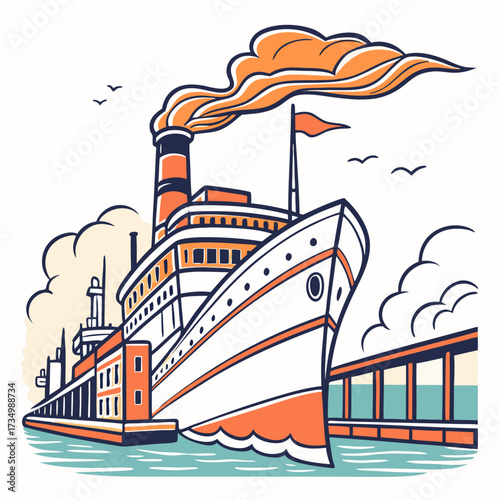 Vintage steamship departing from a dock with billowing smoke and seagulls flying overhead