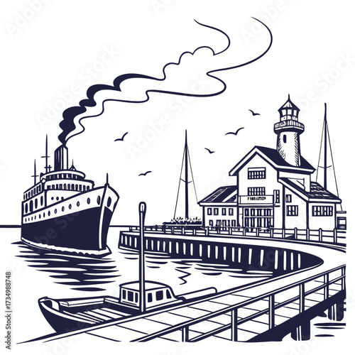 Vintage steamship arriving at a coastal harbor with a lighthouse and pier