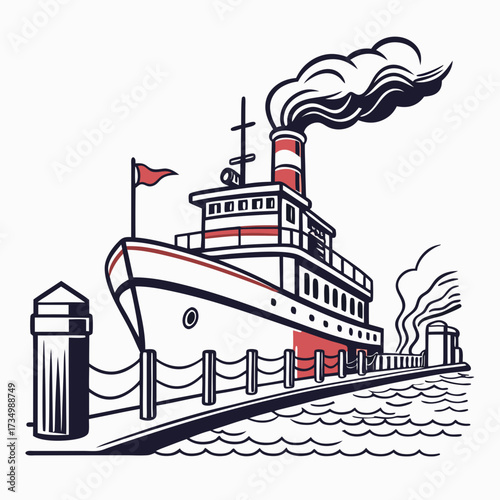 Vintage steamship docked at a pier emitting smoke from its funnel against a white background