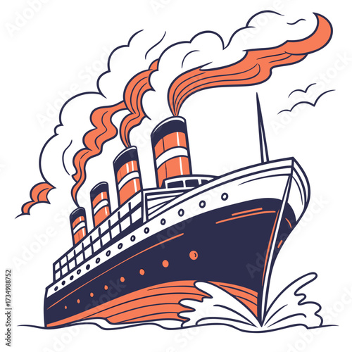 Vintage steamship with four smokestacks billowing orange smoke and steam as it cuts through the waves