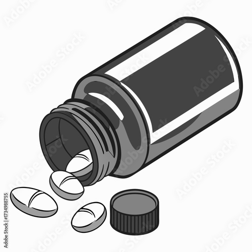 A black and white illustration of a dark gray pill bottle tipped over with several white oval pills spilling out onto a white background