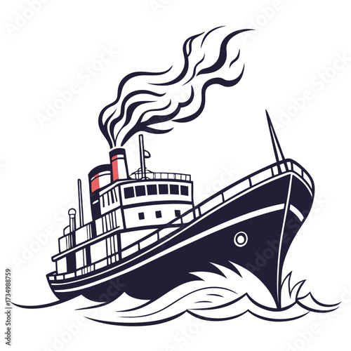 Vintage steamship sailing through choppy waters with billowing smoke from its smokestack