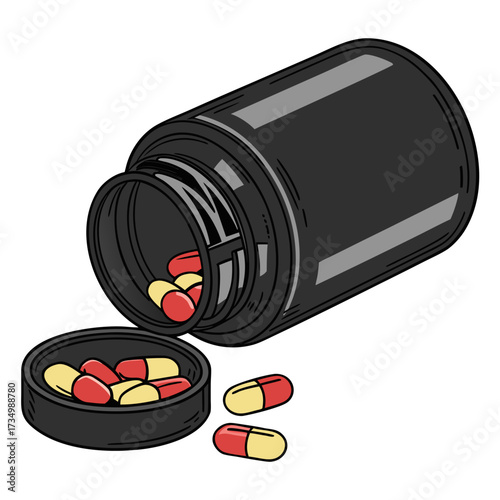 A black pill bottle tipped over with red and yellow capsules spilling out onto its cap and beside it