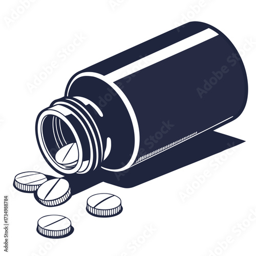 A dark blue illustration of a pill bottle lying on its side with several round pills scattered around it on a white background