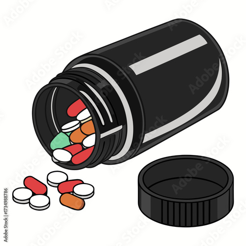 A black pill bottle tipped over spilling out a variety of colorful pills and capsules onto a white background