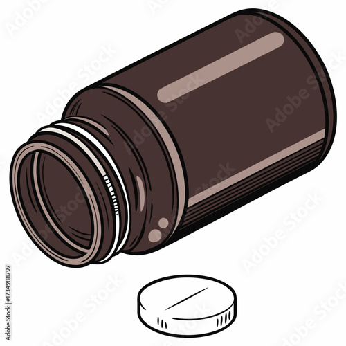 A brown pill bottle lying on its side with one white pill next to it on a white background
