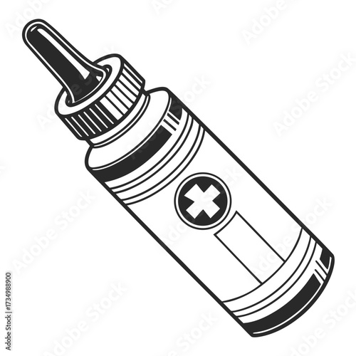 Black and white illustration of a medical dropper bottle with a cross symbol indicating healthcare or medicine