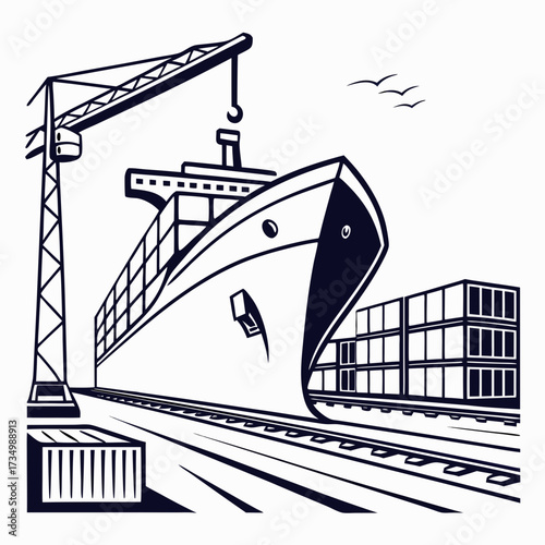 Cargo ship being loaded with containers by a large crane at a busy port with seagulls flying above