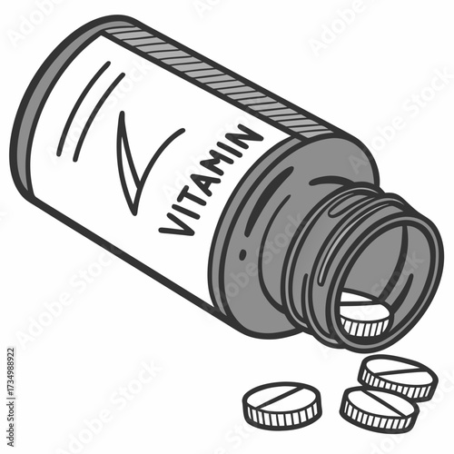 Hand drawn illustration of a vitamin bottle tipped over with pills spilling out onto a white background