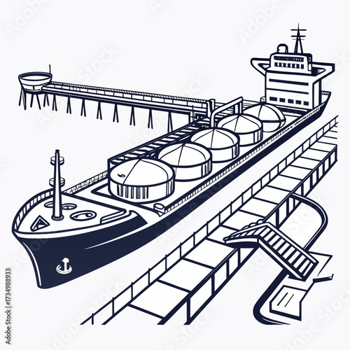 Illustration of a large cargo ship with multiple spherical tanks docked at a port facility with a long pier