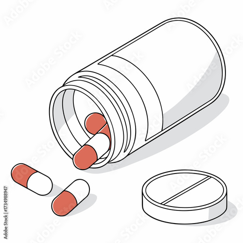 Illustration of a prescription bottle spilling out capsules and a single round pill with a dividing line