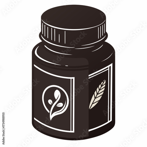Dark brown bottle with white labels featuring a sprout and a wheat stalk for supplements or natural products