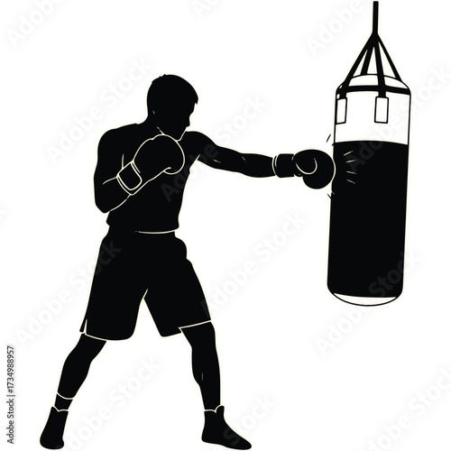 Powerful boxer silhouette training with punching bag for fitness and strength gains