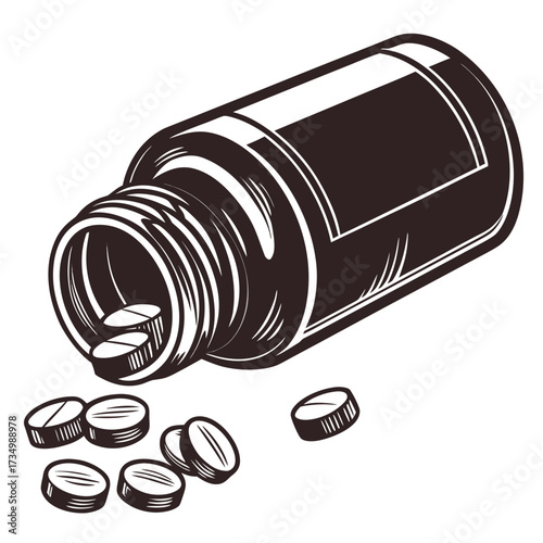 Illustration of a medicine bottle tipped over with several white pills scattered on a white background