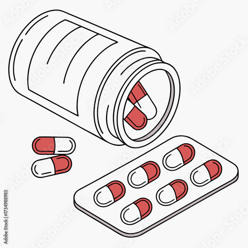 Illustration of a white pill bottle tipped over with red and white capsules spilling out onto a white background next to a blister pack