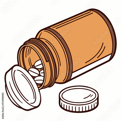Illustration of an open orange pill bottle with white tablets spilling out and its cap nearby