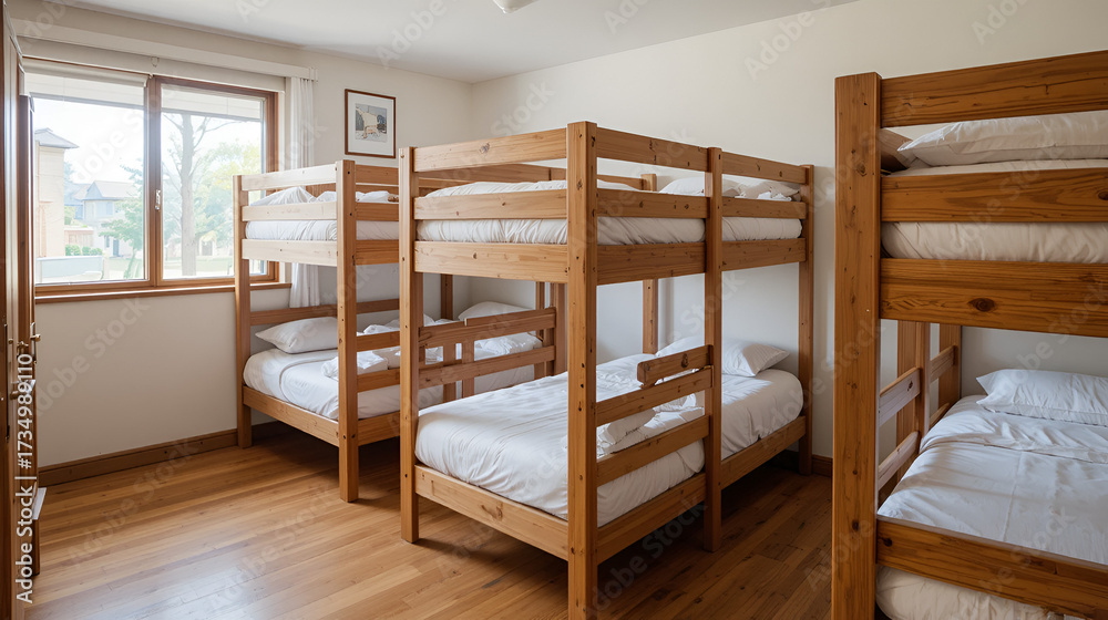Fototapeta premium A dormitory room with wooden bunk beds and white bedding. The room has a wooden floor and a window with a view of the outdoors.