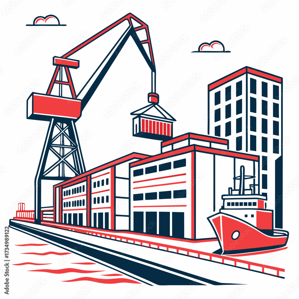 Naklejka premium Modern industrial port scene with a large crane loading cargo container onto a ship beside warehouses and buildings