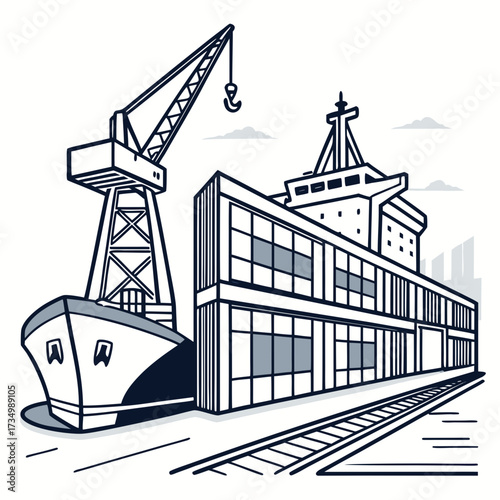 Modern cargo ship docked at a busy port with a large crane and industrial building ready for loading and unloading operations