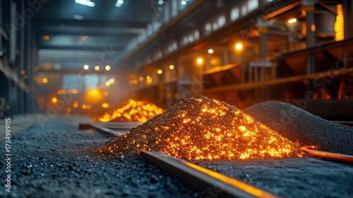 Glowing Molten Metal in Industrial Factory Environment with Sparks