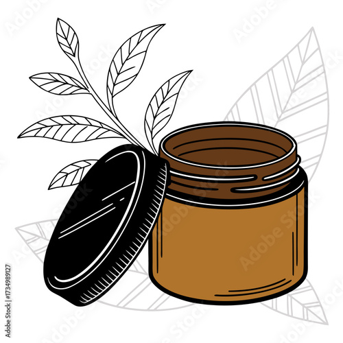 Open brown cream jar with black lid and delicate plant branch with leaves on white background
