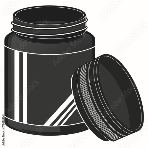 Open black jar with white stripes on label and detached lid showing ribbed texture for grip
