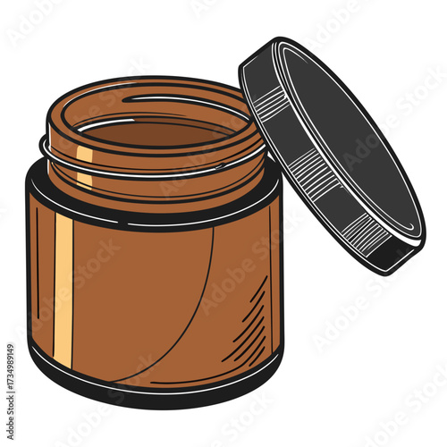 Open brown glass jar with black screw cap lid slightly ajar isolated on white background