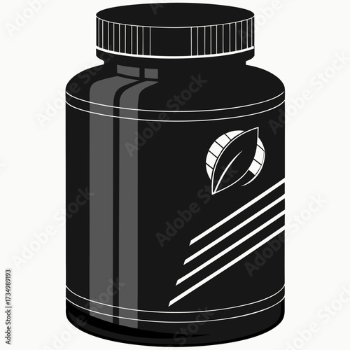 Sleek black supplement bottle with a white leaf logo and clean design elements on a white background