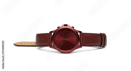 Modern Red Watch with Leather Strap Isolated on White Background.