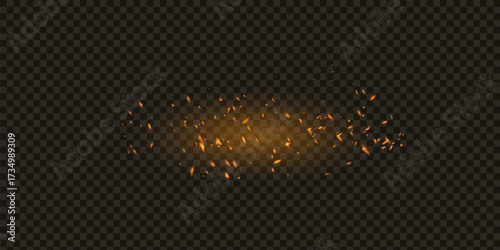 Flame of fire with sparks on a black background. The texture of the fiery storm. The fiery sparks of lights flash, a shot of a flying spark in the air. a dark night
