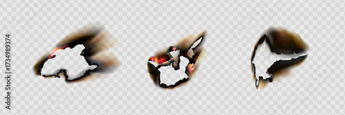Burnt paper edges with fire and black ash. Vector realistic set of borders and frames from burnt and smoldering sheets of paper