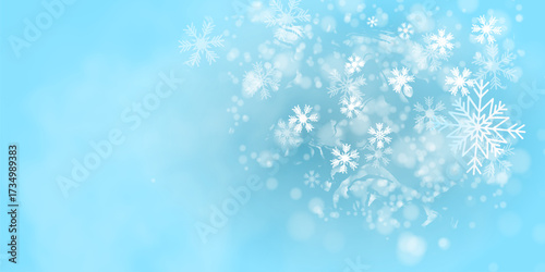 Random falling snow flakes wallpaper. Snowfall dust freeze granules. Snowfall sky white teal blue background. Many snowflakes vector. Snow nature scenery.