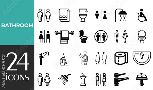 Toilet and Restroom set of web icons in line style. WC signs including man, woman, shower, baby care, handicap symbol, no smoking, no trash. Editable stroke. Vector illustration