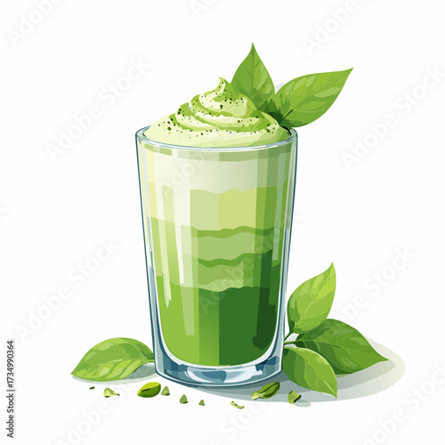 アイス抹茶ラテの水彩画風イラスト