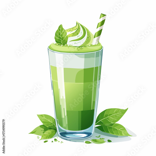 アイス抹茶ラテの水彩画風イラスト