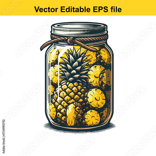 Jar of whole and sliced pineapple preserved in liquid, isolated on white background