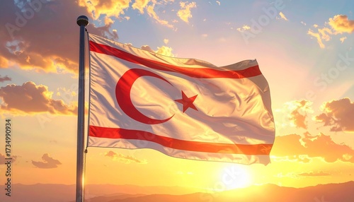 Golden sunset illuminates the flag of Northern Cyprus waving proudly, a symbol of national pride and peaceful aspirations, creating a hopeful and vibrant scene