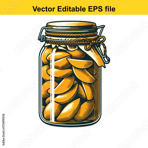 Jar of pickled potato wedges isolated on white background