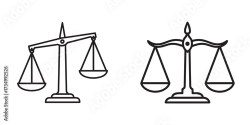 Justice Scales Icons: Balanced and Unbalanced Line Art