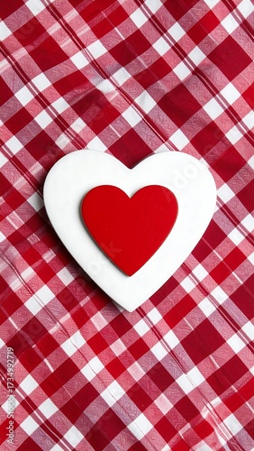 Two hearts on red and white checkered fabric