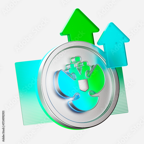 3d illustration of a coin with a Russian eagle and up arrows. It is a symbol of economic growth, government revenues, taxation, increased profits and investments in the Russian economy.