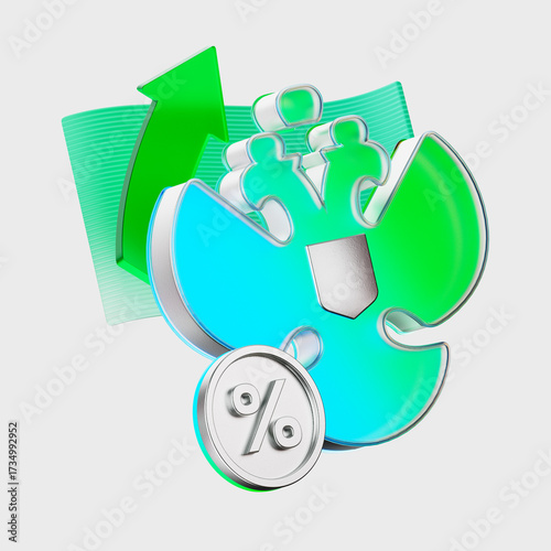 3d icon with the Russian coat of arms and a percentage. State taxes, the national budget, income and investments in the financial system of the Russian Federation. Analytics and business investments