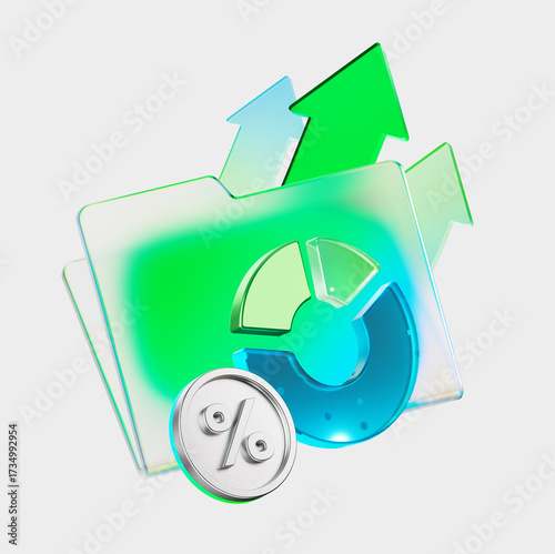 3D illustration of a folder with documents, percentages, and a growth chart. A symbol of taxes and the budget, financial analytics and business investments. Ideal for economics and reporting topics.