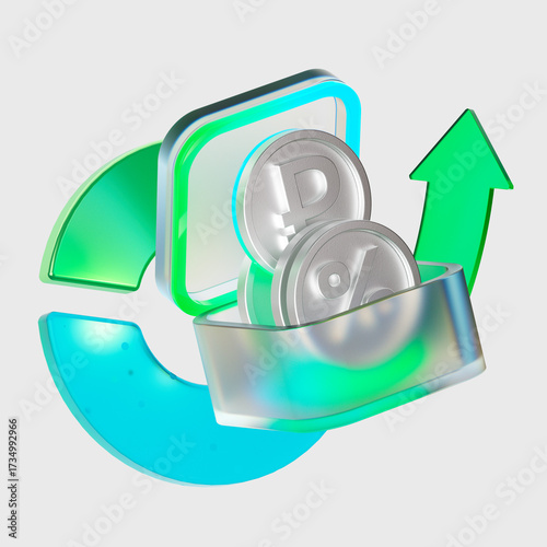 3D rendering of a transparent box with coins. A coin of a percentage and a ruble with an arrow and a graph. The concept of finance, money accumulation, asset storage, digital economy deposits