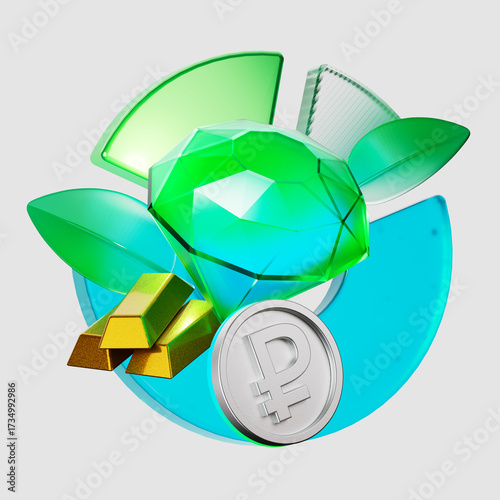 3D rendering of a glass diamond. Gold bars. A ruble coin with arrows and a graph. The concept of finance, contributions to natural resources. Digital economy, investments in securities.