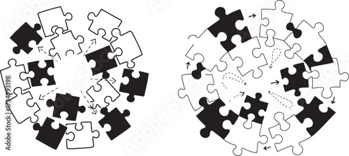 Abstract Illustration of Black and White Jigsaw Puzzle Pieces Forming a Circular Connection